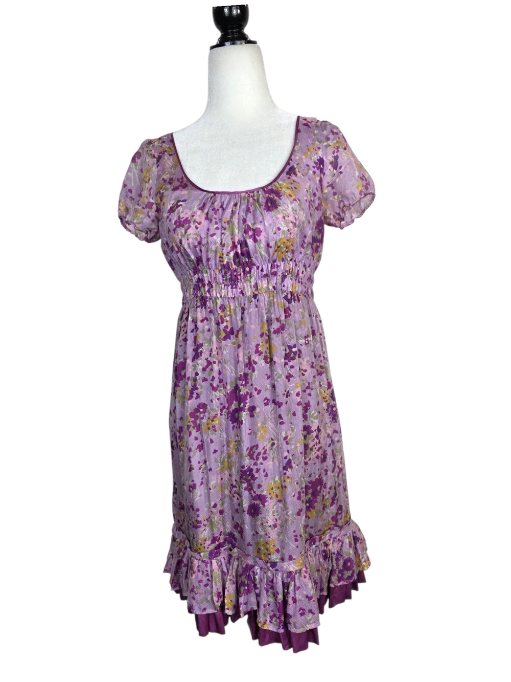 Max & Co. Y2k baby dress Silk Lilac Floral Midi Dress with Smocked Waist